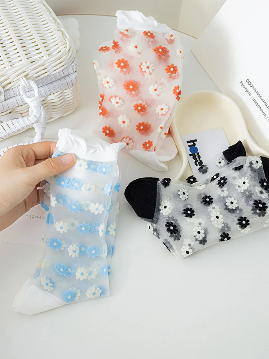 3 Pairs Women Artsy Summer Flower Thin Socks