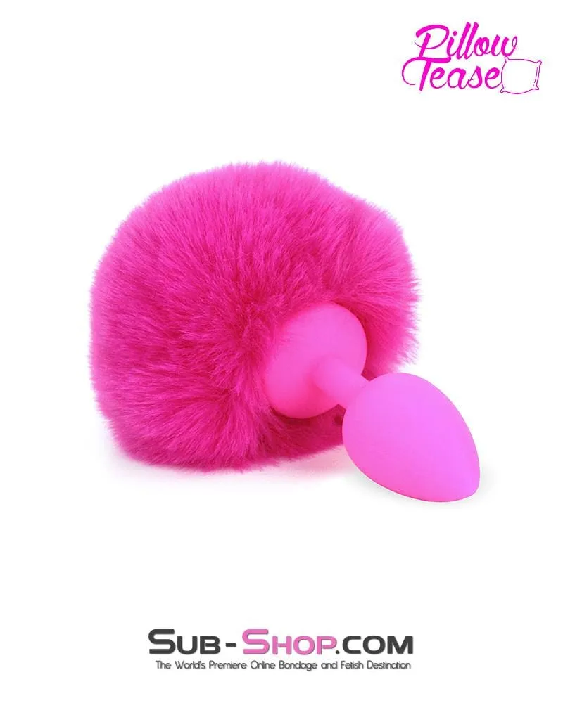 3717M-SIS      Sissy Hop Pink Powder Puff Bunny Tail, Small Pink Silicone Plug