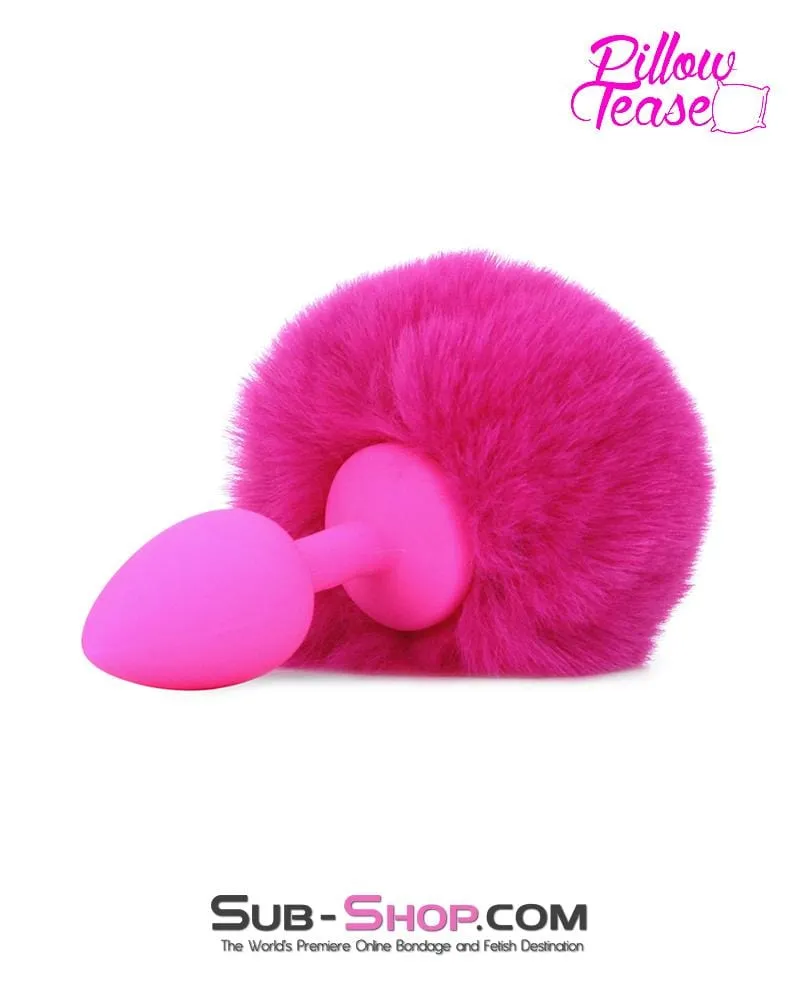 3717M-SIS      Sissy Hop Pink Powder Puff Bunny Tail, Small Pink Silicone Plug