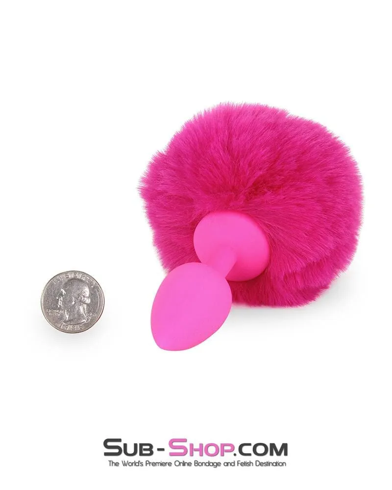 3717M-SIS      Sissy Hop Pink Powder Puff Bunny Tail, Small Pink Silicone Plug
