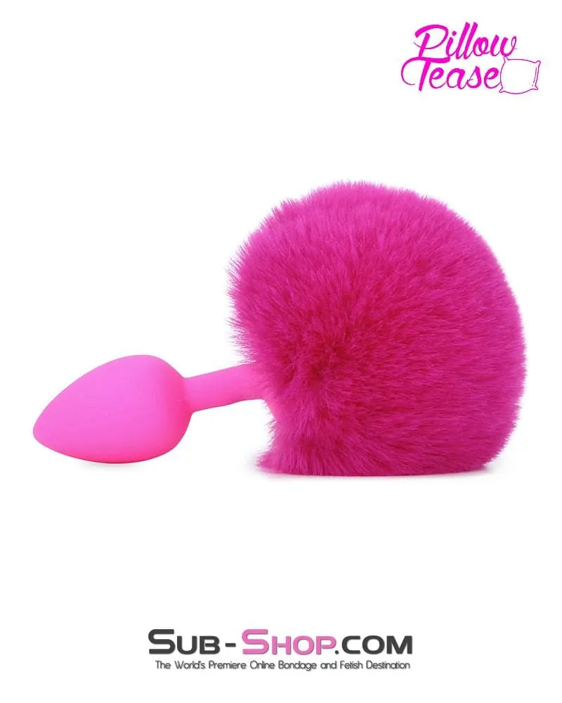3717M-SIS      Sissy Hop Pink Powder Puff Bunny Tail, Small Pink Silicone Plug
