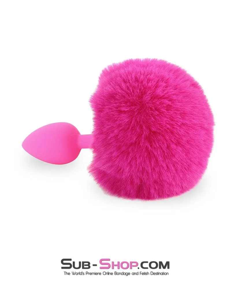 3717M-SIS      Sissy Hop Pink Powder Puff Bunny Tail, Small Pink Silicone Plug