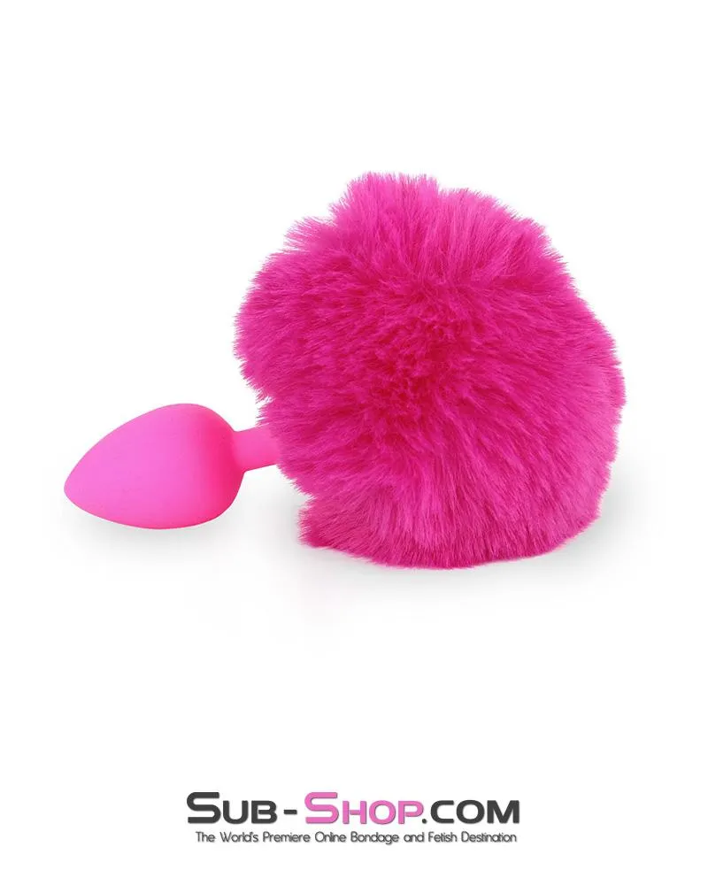 3717M-SIS      Sissy Hop Pink Powder Puff Bunny Tail, Small Pink Silicone Plug