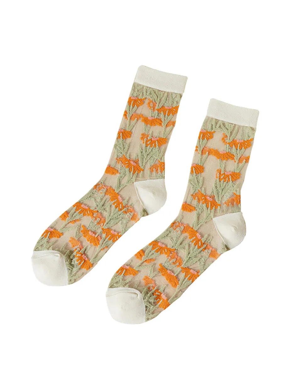 4 Pairs Women Summer Flower Jacquard Socks