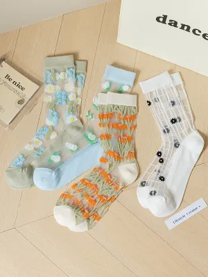 4 Pairs Women Summer Flower Jacquard Socks