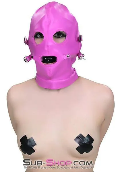 4748RS-SIS      Sissy Slave Hot Cross-Dressing Sissy Pink Full Bondage Hood with Ball Gag and Removable Blindfold and Gag Covers