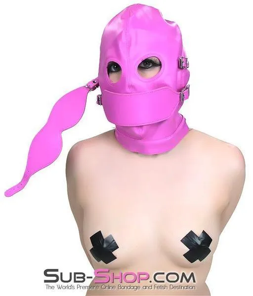 4748RS-SIS      Sissy Slave Hot Cross-Dressing Sissy Pink Full Bondage Hood with Ball Gag and Removable Blindfold and Gag Covers