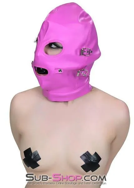4748RS-SIS      Sissy Slave Hot Cross-Dressing Sissy Pink Full Bondage Hood with Ball Gag and Removable Blindfold and Gag Covers