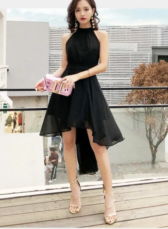 Black Chiffon Halter High Low Party Dress Homecoming Dress, Black Bridesmaid Dresses