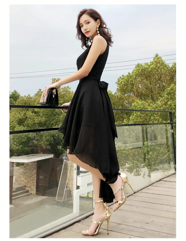 Black Chiffon Halter High Low Party Dress Homecoming Dress, Black Bridesmaid Dresses