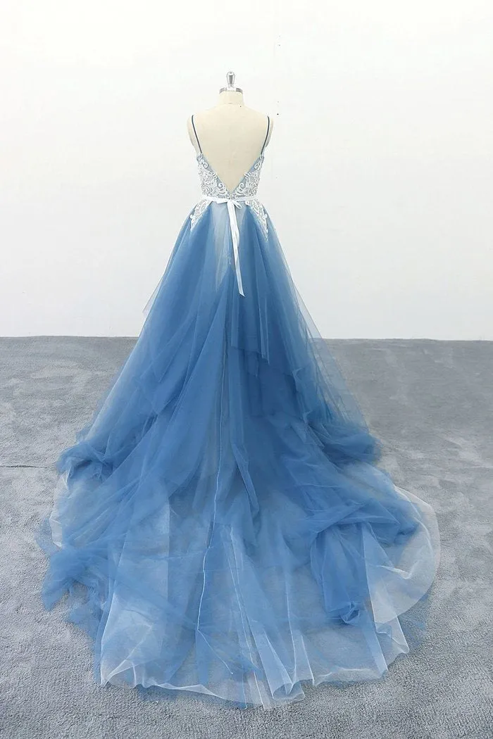 Blue Tulle A Line Multi-Layers Spaghetti Straps Prom Dresses With Ivory Appliques, SP525