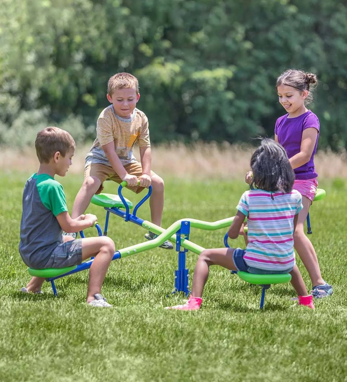 Brand new Quad Seat Teeter Totter by Hearth Song! Great for 2 or 4 Children Ages 3-9 Yrs! Supports 100 Lb per seat! Retails $