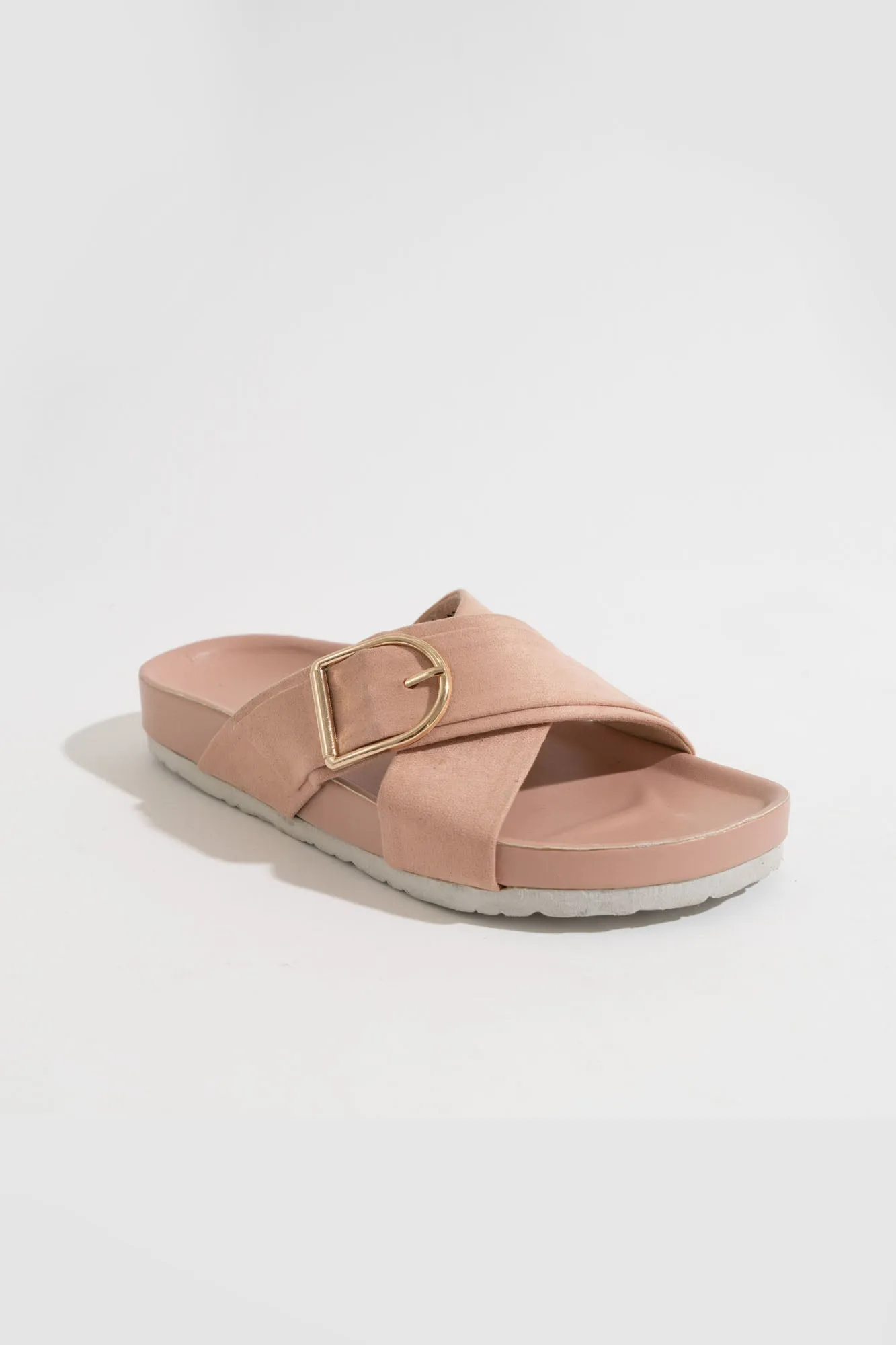Criss Cross Buckle Strap Suede Sliders