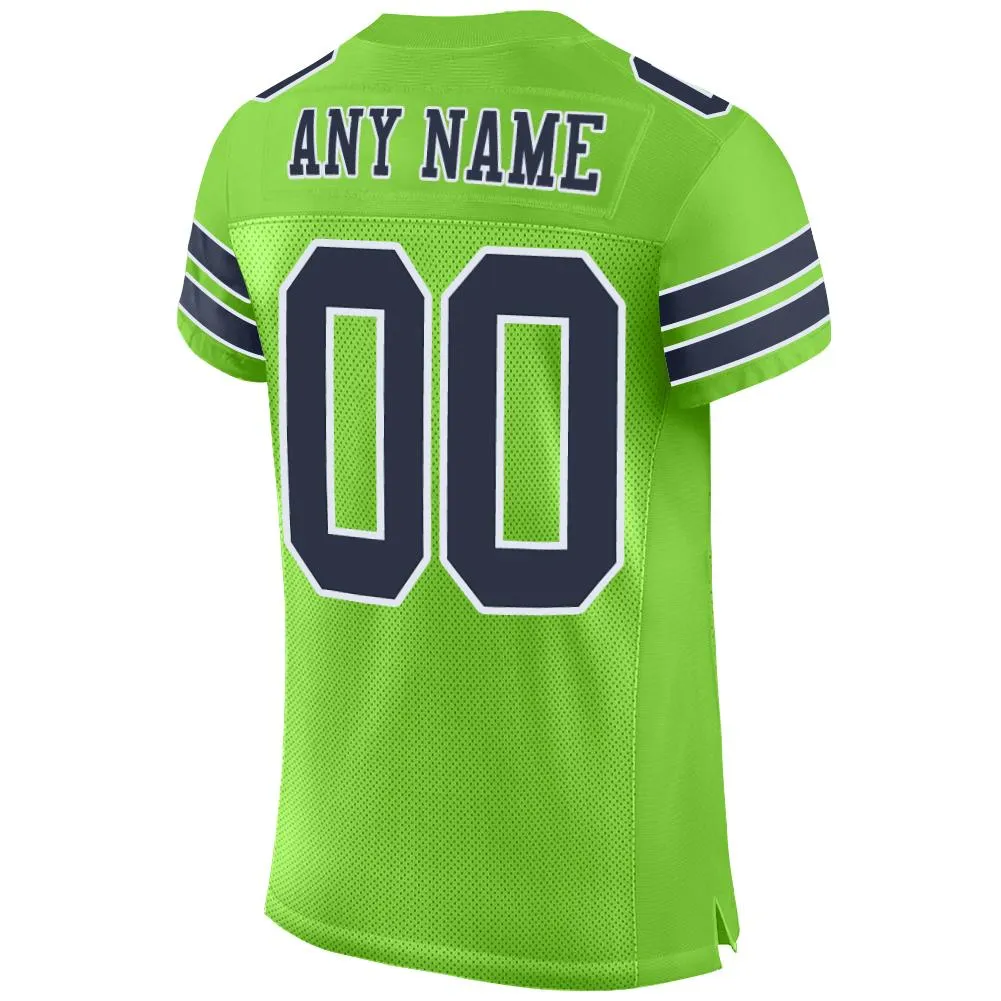 Custom Neon Green Navy-White Mesh Authentic Football Jersey
