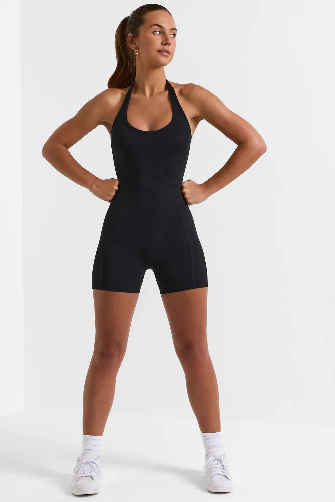 Halterneck Short Unitard in Black