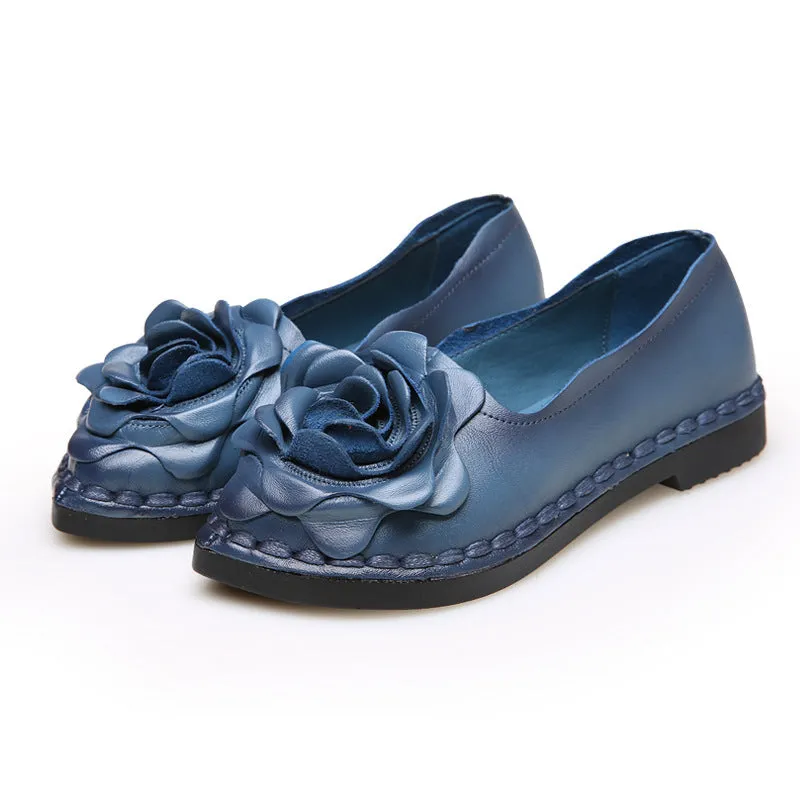 Handmade Leather Retro Women’s Soft Sole Flats with Flower Design