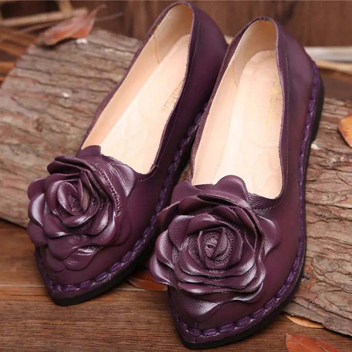 Handmade Leather Retro Women’s Soft Sole Flats with Flower Design