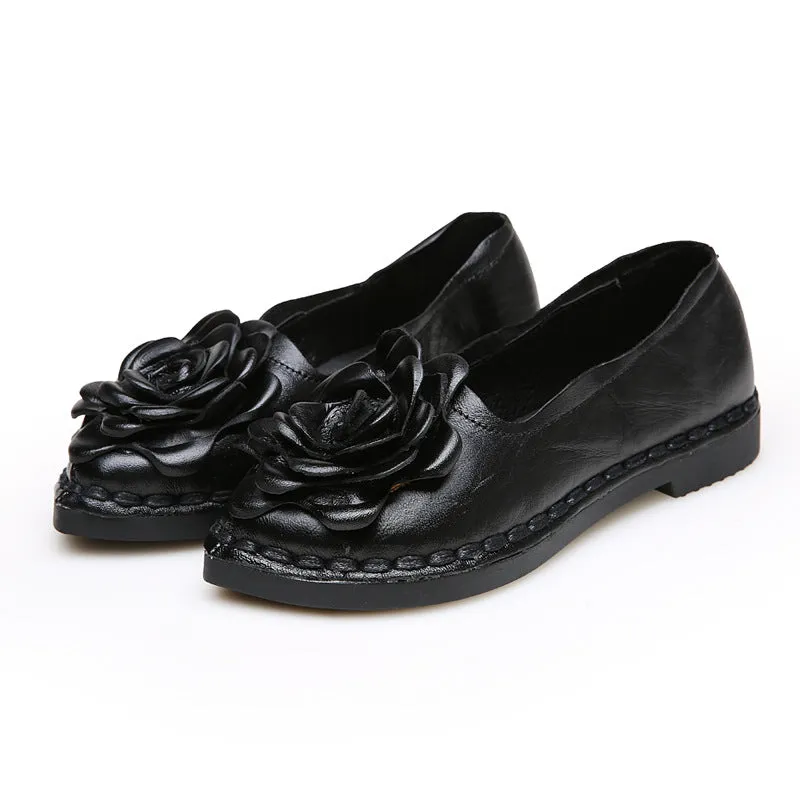 Handmade Leather Retro Women’s Soft Sole Flats with Flower Design