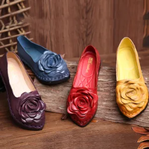 Handmade Leather Retro Women’s Soft Sole Flats with Flower Design