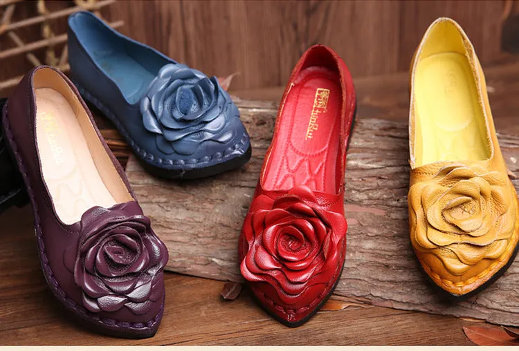 Handmade Leather Retro Women’s Soft Sole Flats with Flower Design