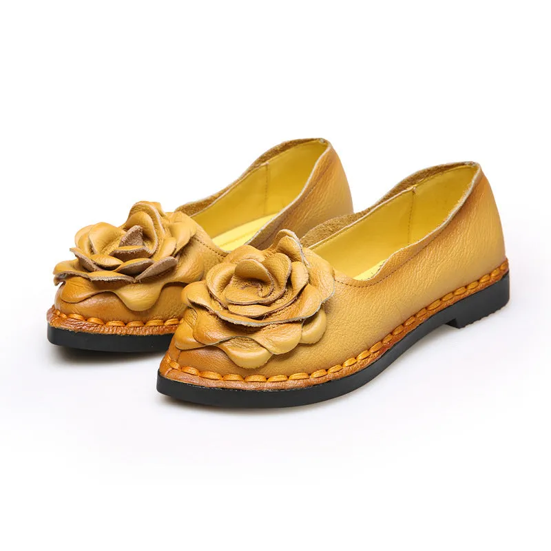 Handmade Leather Retro Women’s Soft Sole Flats with Flower Design