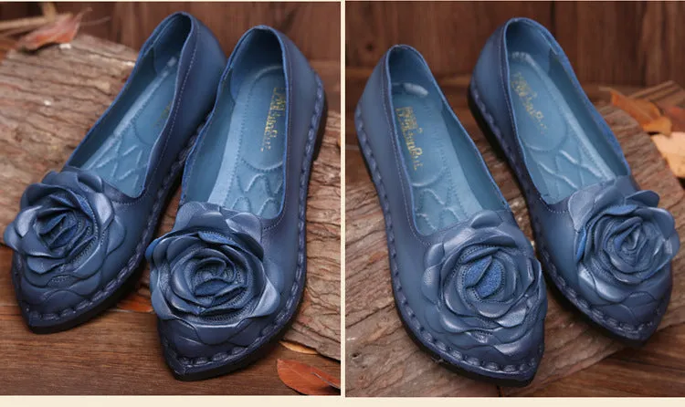 Handmade Leather Retro Women’s Soft Sole Flats with Flower Design