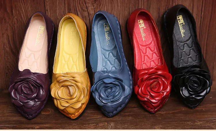 Handmade Leather Retro Women’s Soft Sole Flats with Flower Design