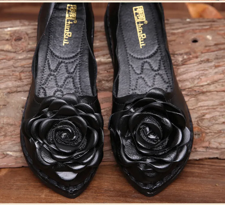 Handmade Leather Retro Women’s Soft Sole Flats with Flower Design