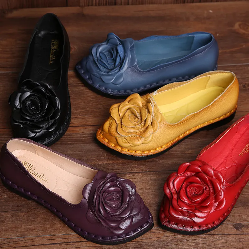 Handmade Leather Retro Women’s Soft Sole Flats with Flower Design
