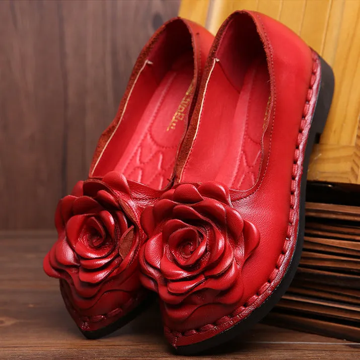 Handmade Leather Retro Women’s Soft Sole Flats with Flower Design