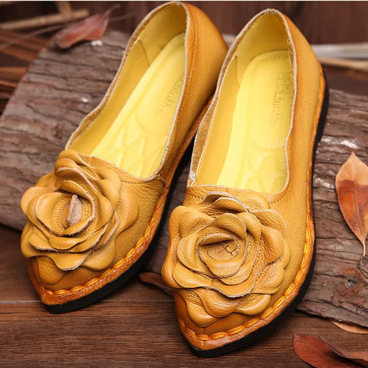 Handmade Leather Retro Women’s Soft Sole Flats with Flower Design