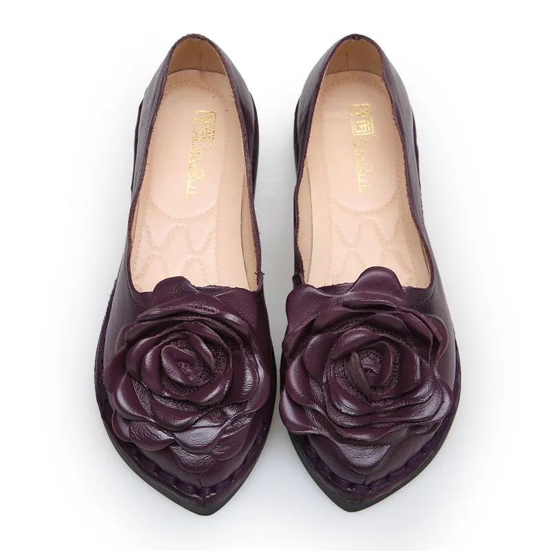 Handmade Leather Retro Women’s Soft Sole Flats with Flower Design