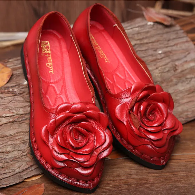 Handmade Leather Retro Women’s Soft Sole Flats with Flower Design