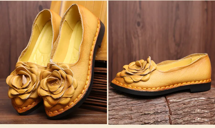 Handmade Leather Retro Women’s Soft Sole Flats with Flower Design