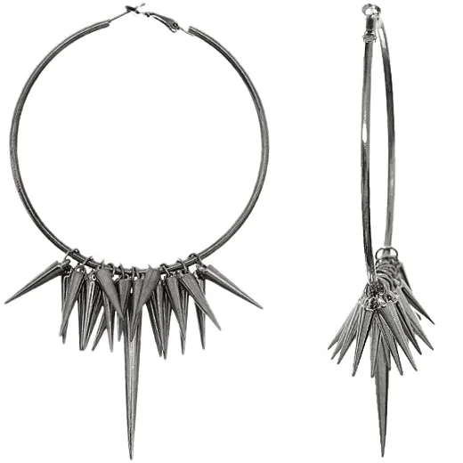 Hematite Large Spike Hoop Earrings