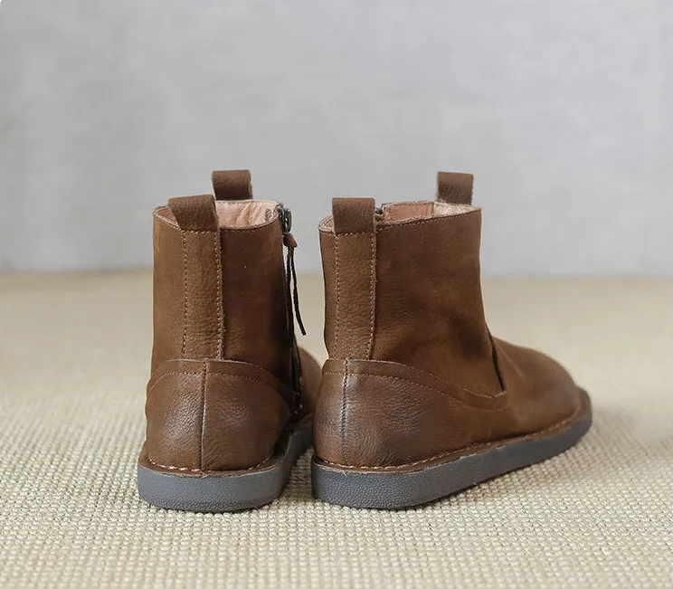 Leather Vintage Ankle Boots Round Toe Hand-stitched Comfortable All-match Women's Shoes