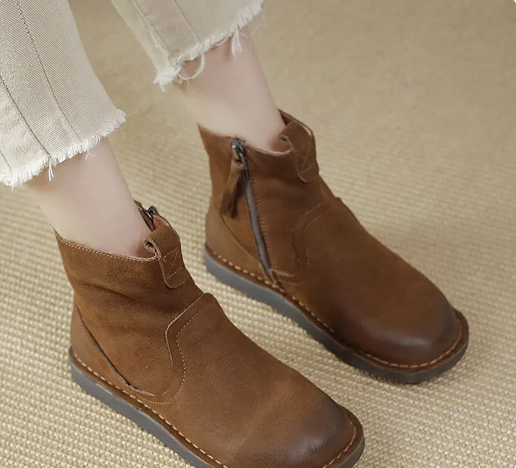 Leather Vintage Ankle Boots Round Toe Hand-stitched Comfortable All-match Women's Shoes