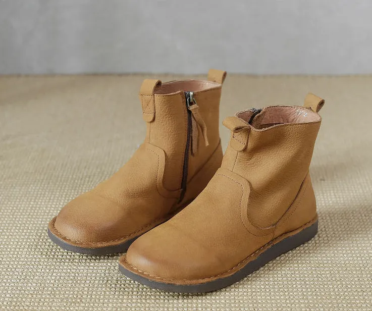 Leather Vintage Ankle Boots Round Toe Hand-stitched Comfortable All-match Women's Shoes
