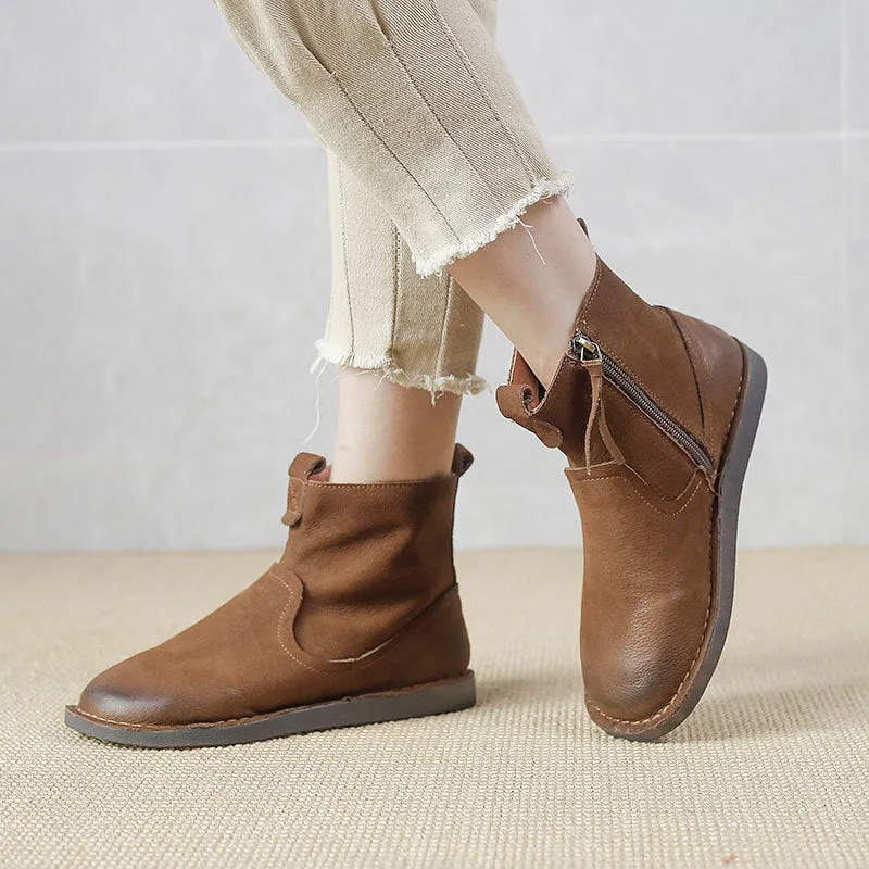 Leather Vintage Ankle Boots Round Toe Hand-stitched Comfortable All-match Women's Shoes