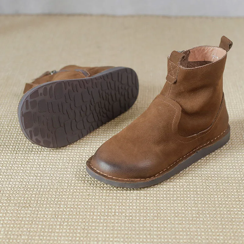 Leather Vintage Ankle Boots Round Toe Hand-stitched Comfortable All-match Women's Shoes