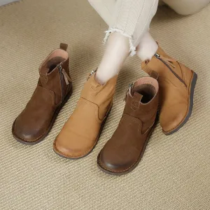 Leather Vintage Ankle Boots Round Toe Hand-stitched Comfortable All-match Women's Shoes