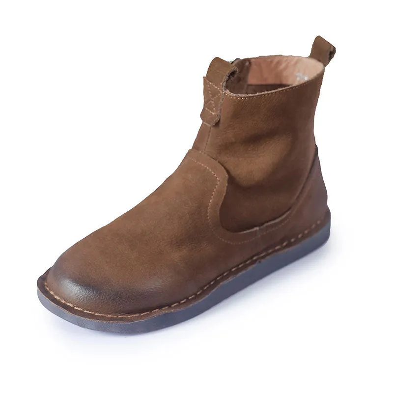 Leather Vintage Ankle Boots Round Toe Hand-stitched Comfortable All-match Women's Shoes