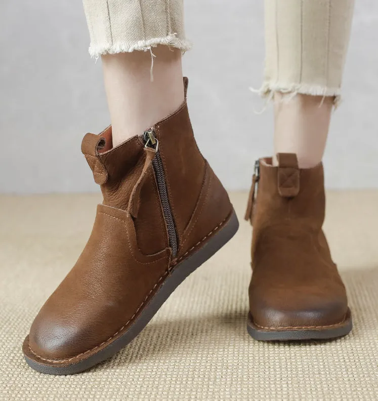 Leather Vintage Ankle Boots Round Toe Hand-stitched Comfortable All-match Women's Shoes