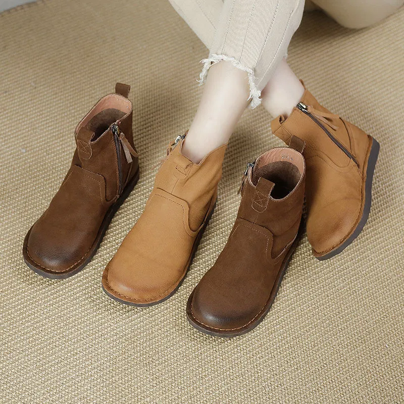 Leather Vintage Ankle Boots Round Toe Hand-stitched Comfortable All-match Women's Shoes