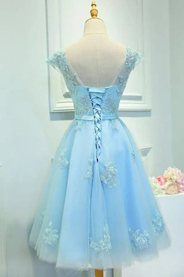 Light Blue Capped Sleeve  Short Prom Dress,Mid Back Appliques Homecoming Dress SH130