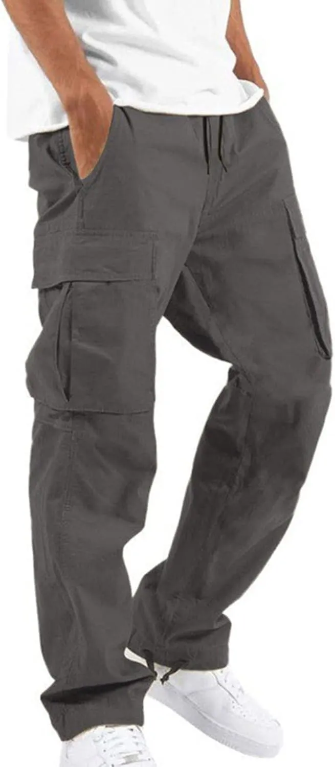 Men's Casual Cargo Pants Drawstring Workwear Pants Hiking Jogger Pants Multi Pockets Outdoor Fashion Jogging Cool Pants