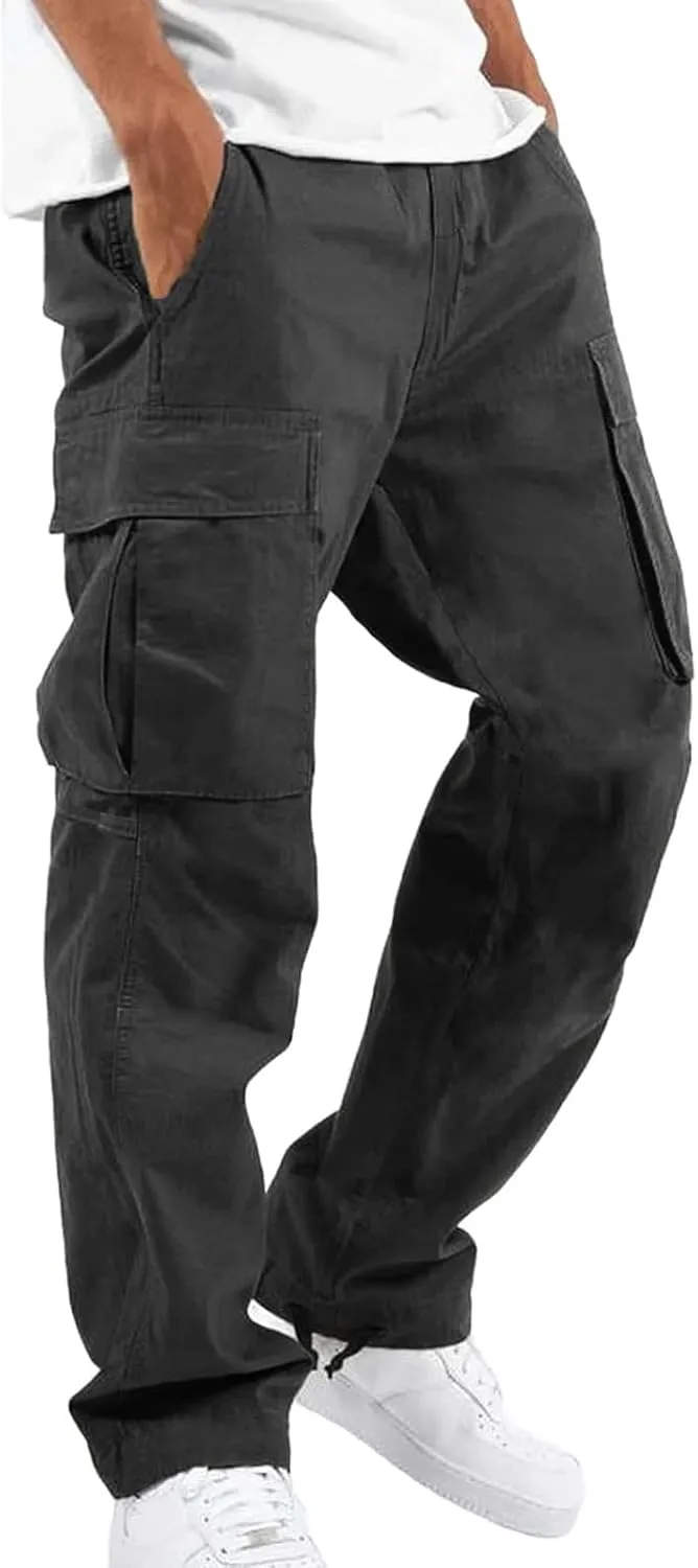 Men's Casual Cargo Pants Drawstring Workwear Pants Hiking Jogger Pants Multi Pockets Outdoor Fashion Jogging Cool Pants