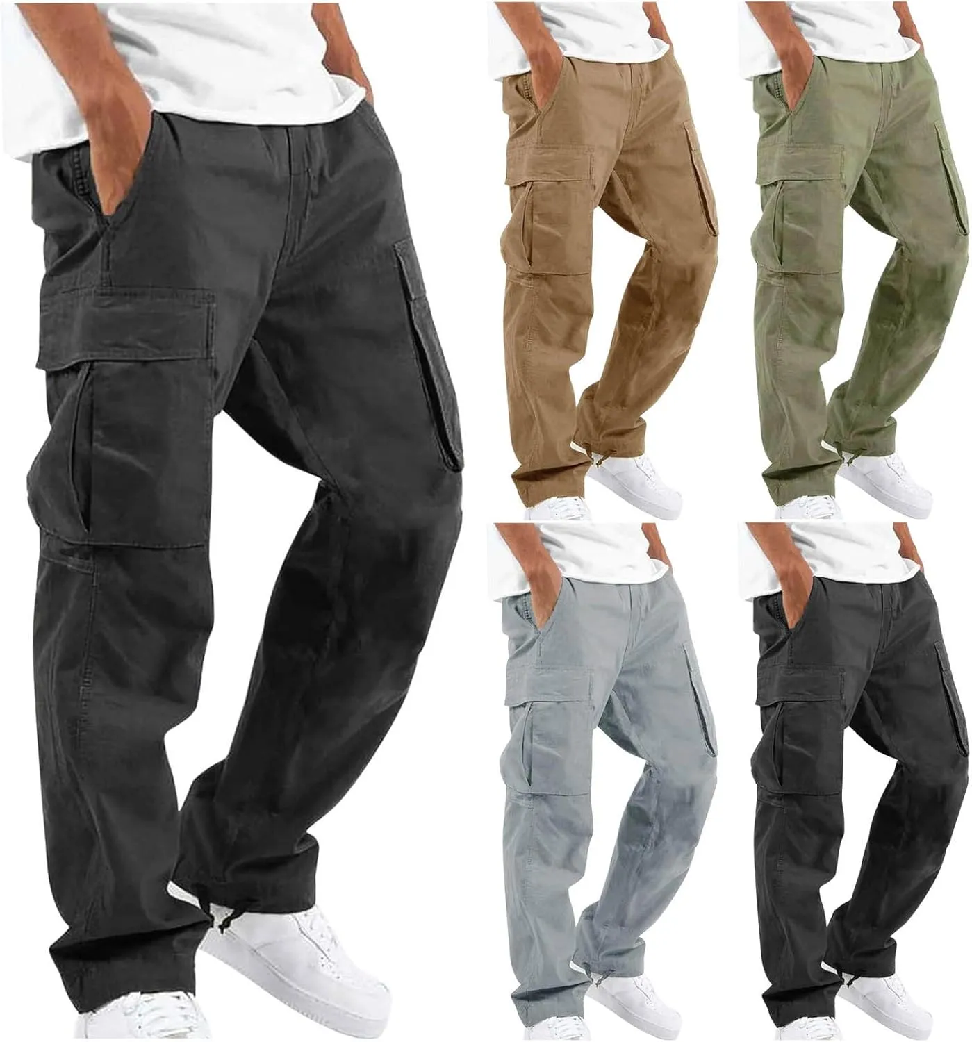 Men's Casual Cargo Pants Drawstring Workwear Pants Hiking Jogger Pants Multi Pockets Outdoor Fashion Jogging Cool Pants