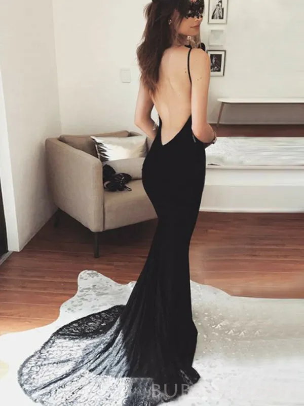 Mermaid Spaghetti Straps Black Long Evening Prom Dresses, Custom Prom Dress, BGS0113