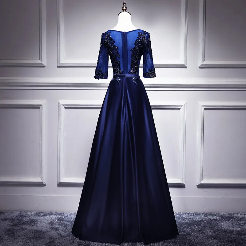 Navy Blue Satin with Lace Short Sleeves Long Prom Dresses, Blue Evening Dresses Formal Dress